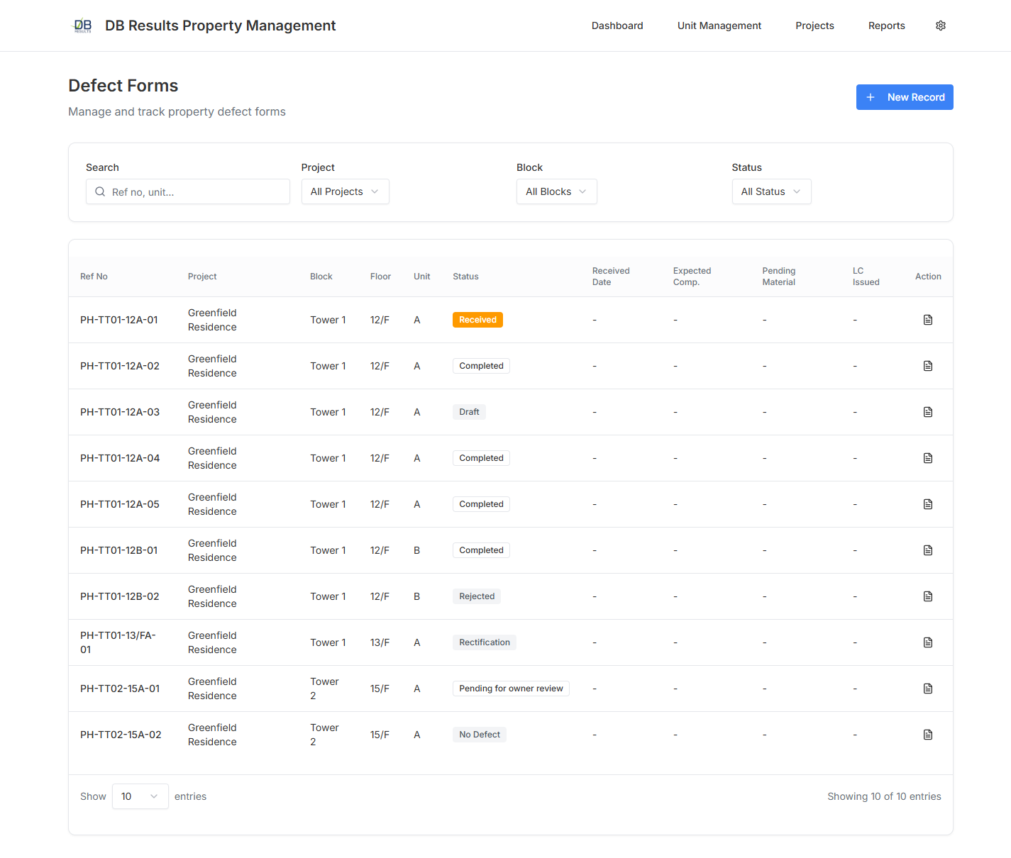 Home page showing the defect form list