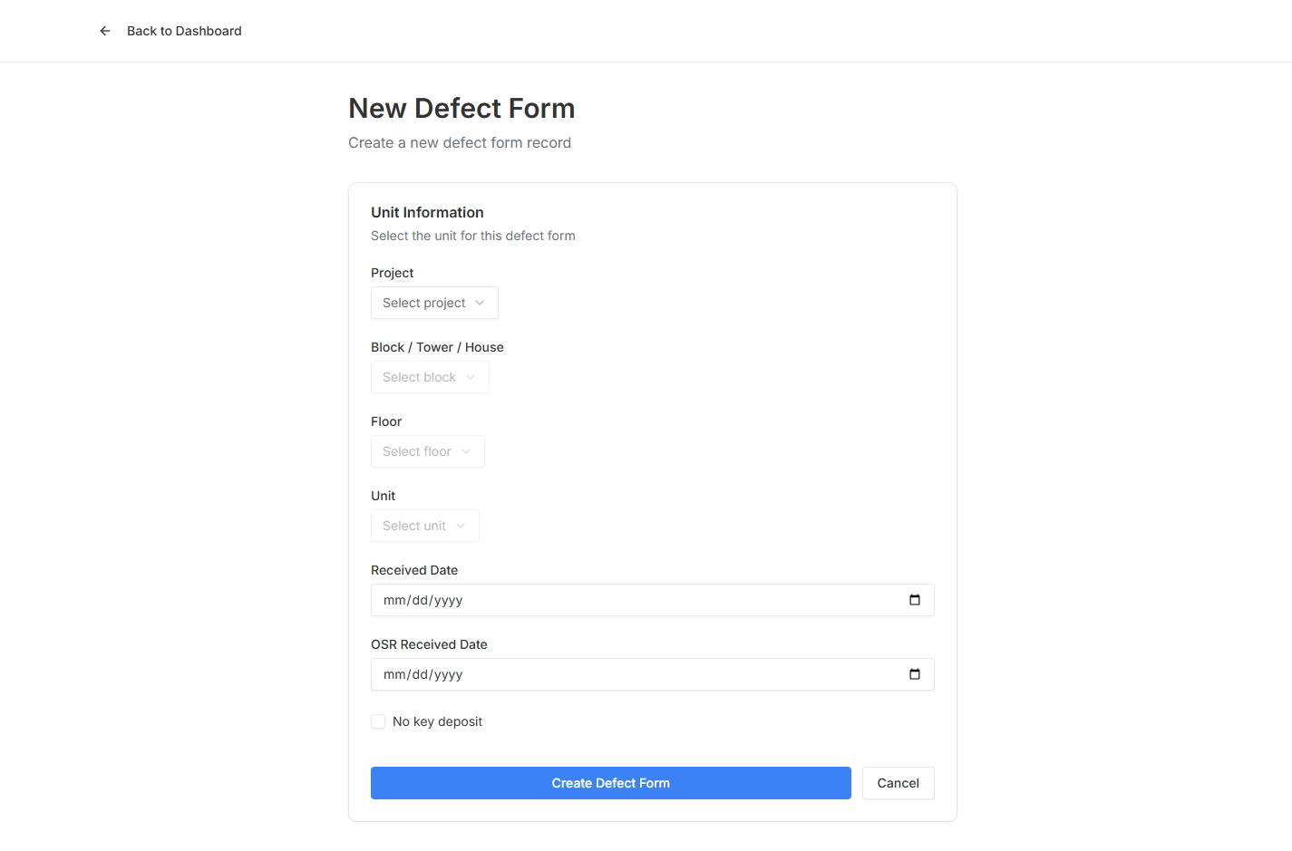 New defect form wizard