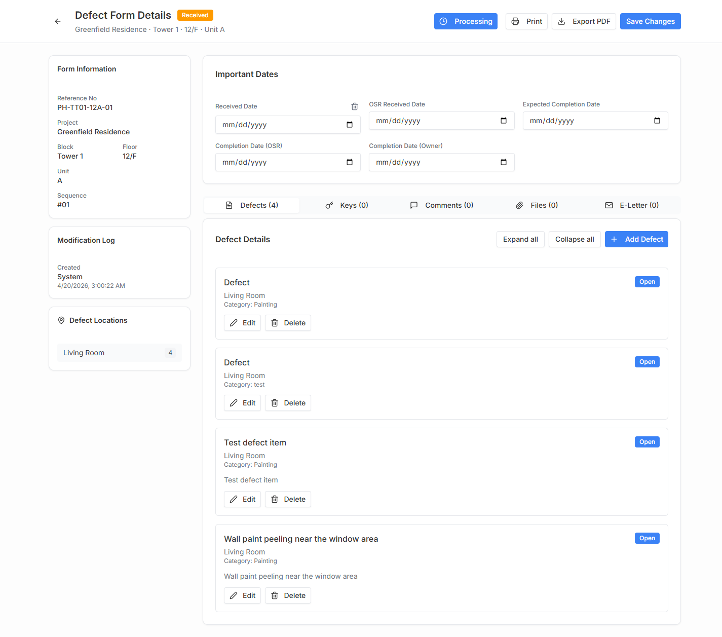 Defect form detail page